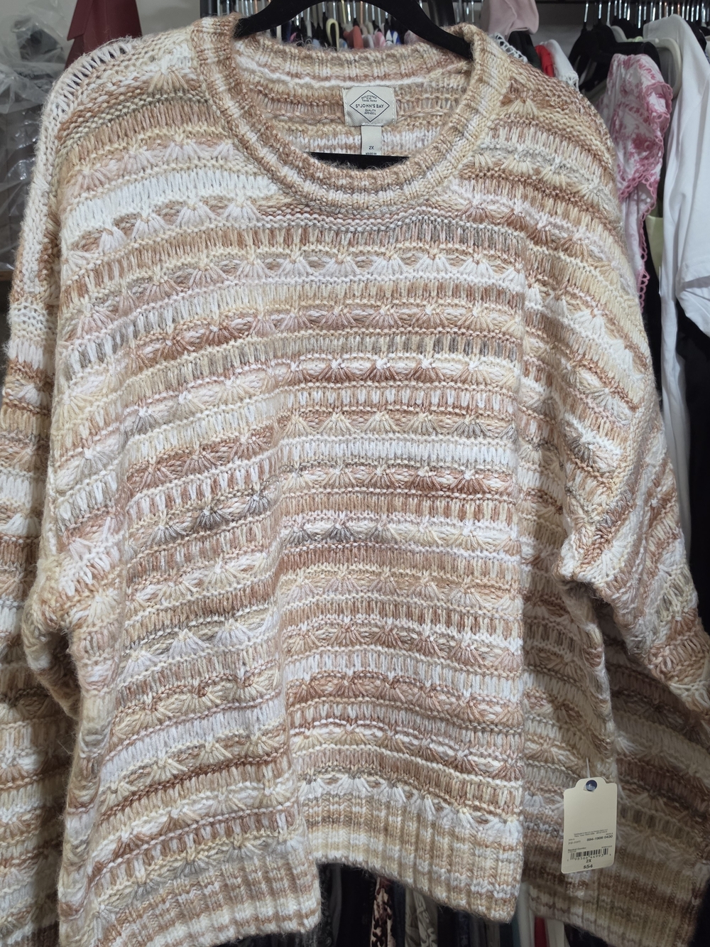 St. John's Bay Striped Open-Stitch Crewneck Sweater in Cream & Tan